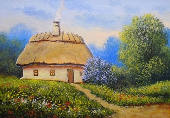 The art. Oil paintings landscape, rural, house. Fine art.