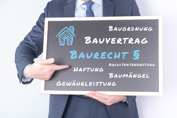 Anwalt mit Tafel zum Baurecht