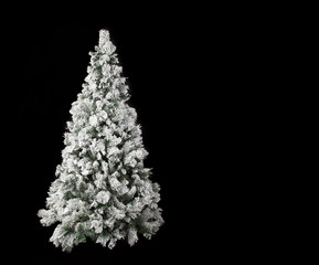 schöner Tannenbaum mit verschneiten Zweigen vor der weihnachtlichen Dekoration