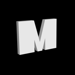 3D font, white letter M standing, vector background