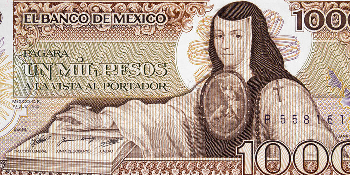 Sor Juana Ines de la Cruz portrait on Mexico 1000 pesos (1985) banknote fragment, Mexican philosopher, composer, and poet.