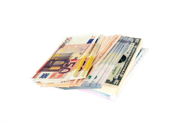 Obraz na płótnie Canvas Stack of Many Banknotes on White