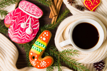 Christmas gingerbread and hot drink in a white Cup. The Concept Of Christmas , food decor