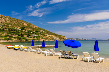 Obraz premium Agriolivado beach is a beautiful sandy beach on the island of Patmos, Dodecanese, Greece
