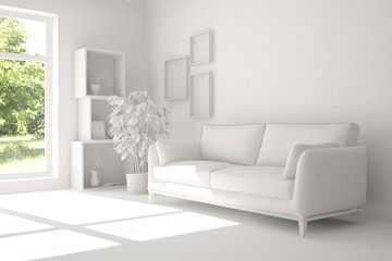 Idea of white room with sofa and summer landscape in window. Scandinavian interior design. 3D illustration