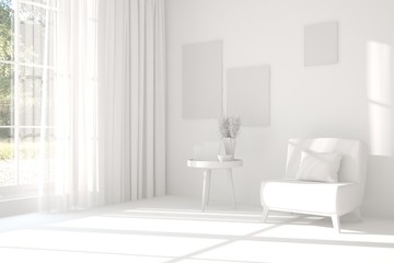 White room with armchair. Scandinavian interior design. 3D illustration