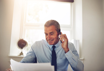 Smiling businessman discussing paperwork over the phone in his o