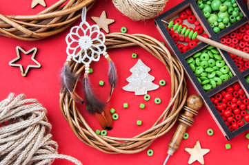 Christmas decorations on red background