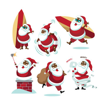 Cartoon Black Santa Claus collection. delivering gifts. Christmas illustration of group of Santa Claus in warm and cold climates. EPS 10 vector.