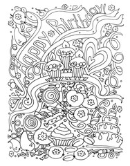Background birthday. Black and white doodle vector illustration. Coloring book for adult and older children. Coloring page. Outline drawing.