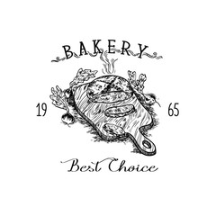 Logo for bakery, pastry shop, confectionery. Bread on the board. Hand draw. Vector illustration