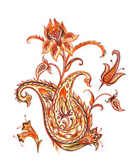 Pattern of paisley in brown tones isolated on white background. Watercolor drawing, composition of oriental pattern.