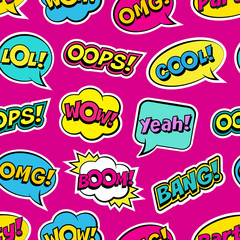 Seamless colorful pattern with comic speech bubbles patches on pink background. Expressions OOPS, COOL, YEAH, BOOM, WOW, OMG, BANG. Vector illustration of modern vintage stickers, pop art style