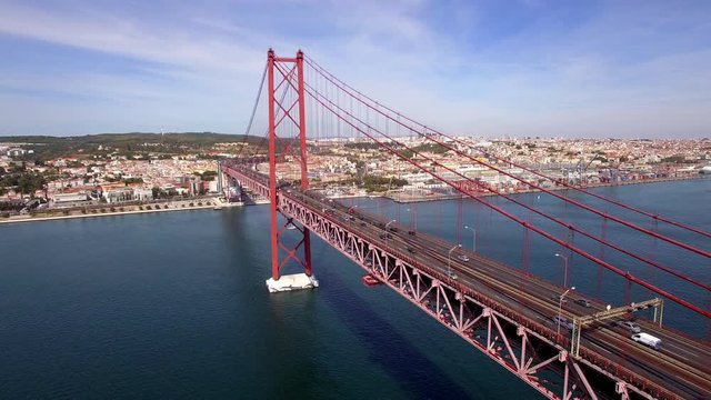Lisbon, Portugal, aerial view of Ponte 25 de Abril bridge over the Tagus River.