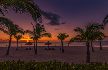 Herrlicher Sonnenuntergang auf Mauritius am Strand mit Palmen und toller Abendstimmung