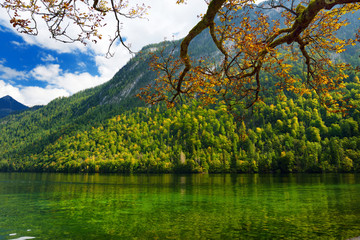 Fototapeta premium Stunning deep green waters of Konigssee, known as Germany's deepest and cleanest lake, located in the extreme southeast Berchtesgadener Land district of Bavaria
