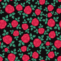 Fototapeta na wymiar Seamless elegant floral pattern with pink roses on black background. Ditsy print. Perfect for scrapbooking, textile, wrapping paper etc. Vector illustration.