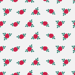 Seamless elegant floral pattern with small red roses on white background. Ditsy print. Perfect for scrapbooking, textile, wrapping paper etc. Vector illustration.