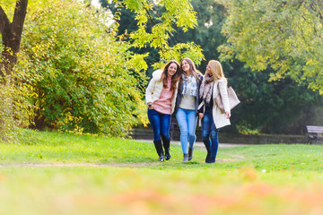 Fototapeta premium Three female friends walking in park