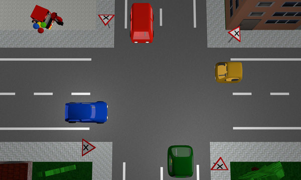 Kreuzung mit rechts vor links Regelung und vier bunten Autos. Ansicht von oben. Mit deutschen Straßenschildern.