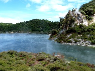 Naklejka na ściany i meble geotermal area park with colored lake in Rotorua, New Zealand