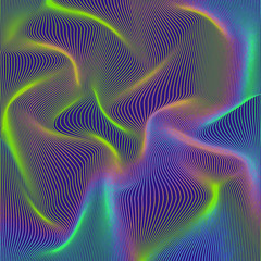 Vector warped lines colorful background. Modern abstract creative backdrop with multicolor variable width stripes. Twisted stripes optical illusion. Moire waves.