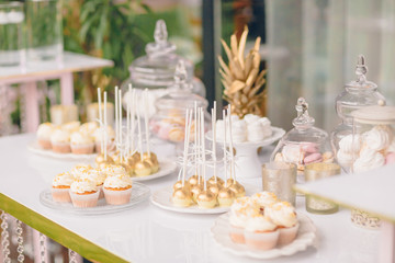 Fototapeta na wymiar Wedding candy bar table. Cakes and other sweets