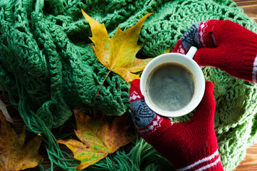 Human hands in red knitted gloves are holding the cup of hot coffee, top view, flat. Concept of autumn, warmness and comfort