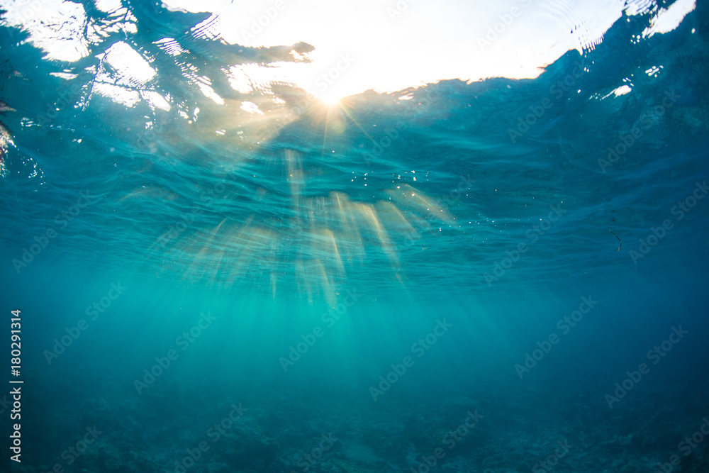 Wall mural abstract underwater surface, water background with ripples and sunbeams