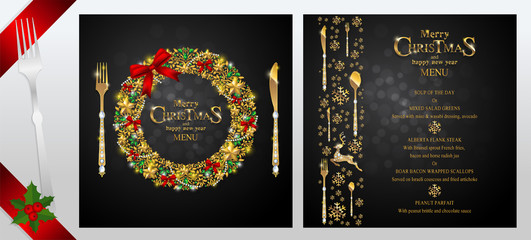 Christmas Greeting and New Years dinner menu card templates with gold patterned and crystals on background color.