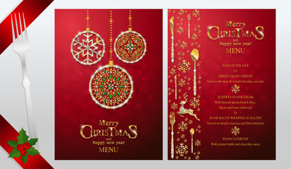 Christmas Greeting and New Years dinner menu card templates with gold patterned and crystals on background color.