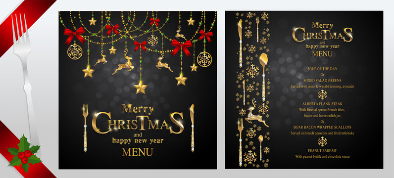 Christmas Greeting And New Years Dinner Menu Card Templates With Gold Patterned And Crystals On Background Color.