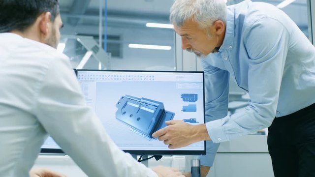 Industrial Designer Has Conversation with Senior Engineer While Working in CAD Program, Designing New Component. He Works on Personal Computer with Two Monitors. 