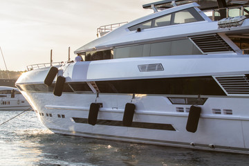 Luxury, white yacht moored in harbor