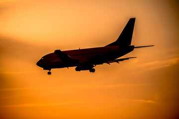 Fototapeta premium Airplane landing at sunset