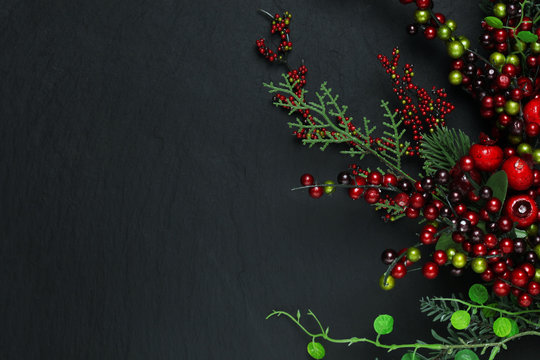 Christmas tree banches and red berries background