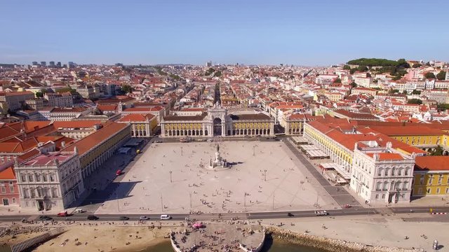 Lisbon, Portugal, aerial view of Comercio Square and Rua Augusta Arch.