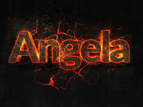 Angela Fire text flame burning hot lava explosion background.