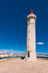 Stunning harbour of Sete with lighthouse in the south of France near the Mediterranean. Copy space for text. Vertical.