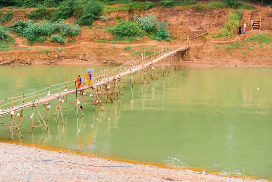 View of the bridge over the river Nam Khan river, Louangphabang, Laos. Copy space for text.