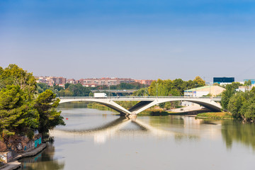Bridge over the Ebro River, Zaragoza, Spain. Copy space for text.