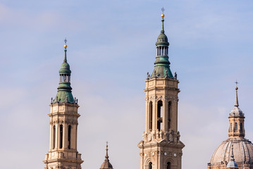 Fototapeta premium The Cathedral-Basilica of Our Lady of Pillar - a roman catholic church, Zaragoza, Spain. Copy space for text.