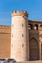 View of the palace Aljaferia, built in the 11th century in Zaragoza, Spain. Vertical. Copy space for text.