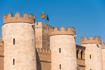 Naklejka premium View of the palace Aljaferia, built in the 11th century in Zaragoza, Spain. Copy space for text.