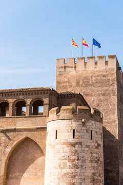 View of the Troubadour tower in the castle of Aljaferia, built in the 11th century in Zaragoza, Spain. Vertical. Copy space for text.