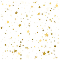 Abstract pattern of random falling gold stars on white background. Glitter pattern for banner, greeting card, Christmas and New Year card, invitation, postcard, paper packaging. Vector illustration.
