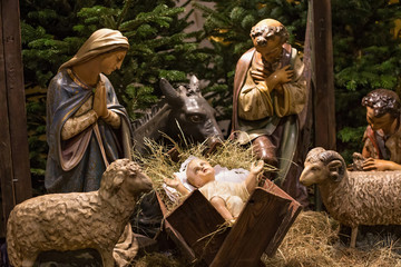 Traditional Christmas nativity scene at polish roman catholic church.
