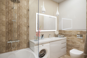 3d illustration of the interior of the bathroom in a modern style with a corner bath. Render interior design is executed in beige and white color