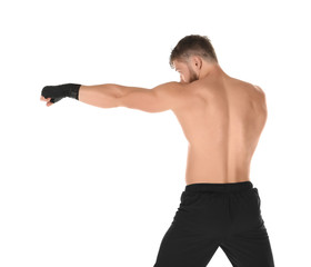 Male boxer on white background