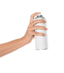 Woman spraying paint from can, isolated on white